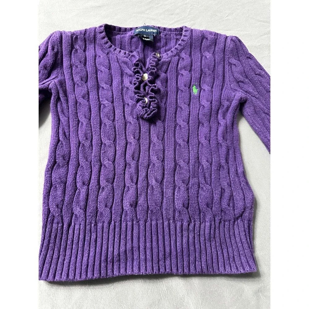 Ralph Lauren Kids Purple Cable Knit Ruffle Button‎ Sweater Size 5